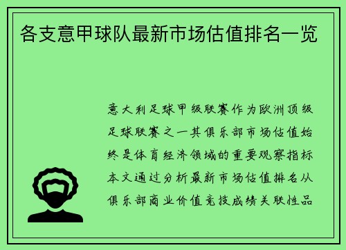 各支意甲球队最新市场估值排名一览