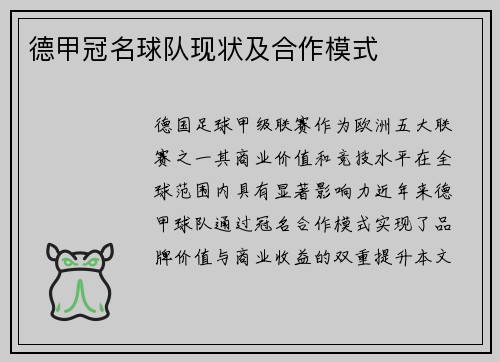 德甲冠名球队现状及合作模式